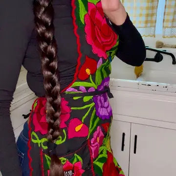 Black Mexican Embroidered Apron - Floral Kitchen Apron