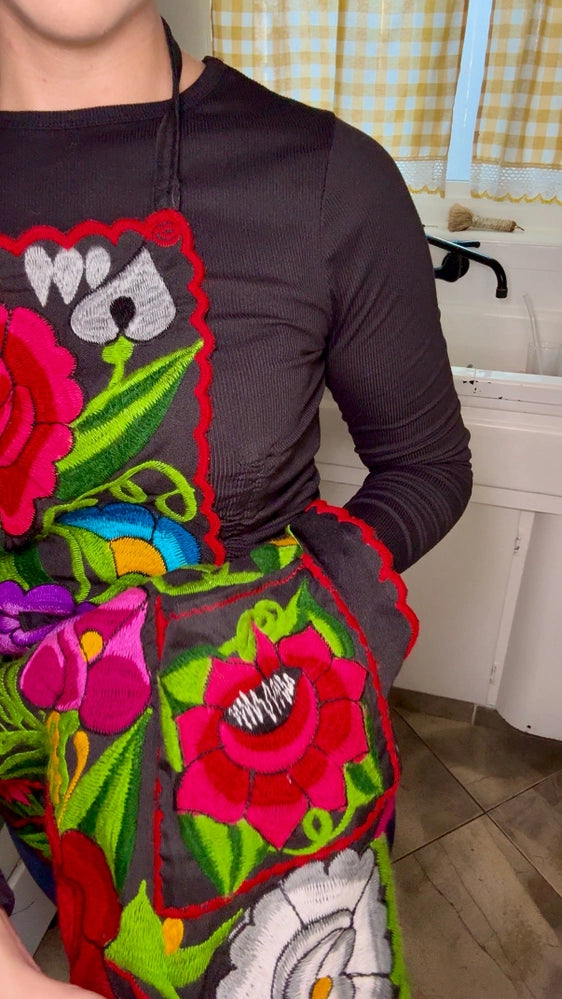 Black Mexican Embroidered Apron - Floral Kitchen Apron