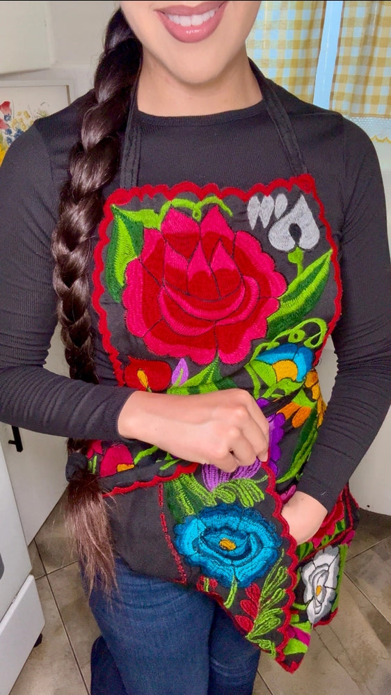 Black Mexican Embroidered Apron - Floral Kitchen Apron