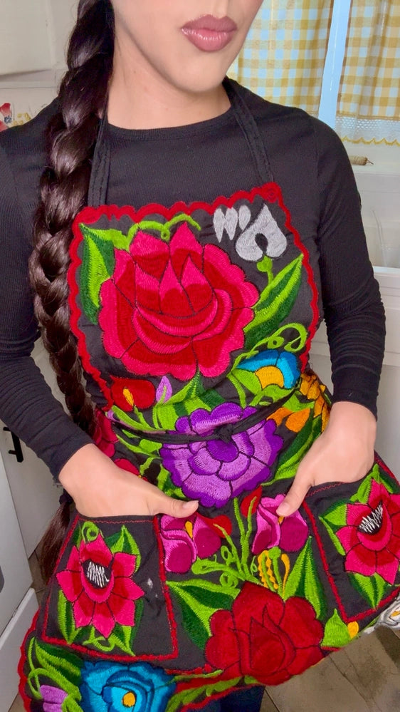 Black Mexican Embroidered Apron - Floral Kitchen Apron