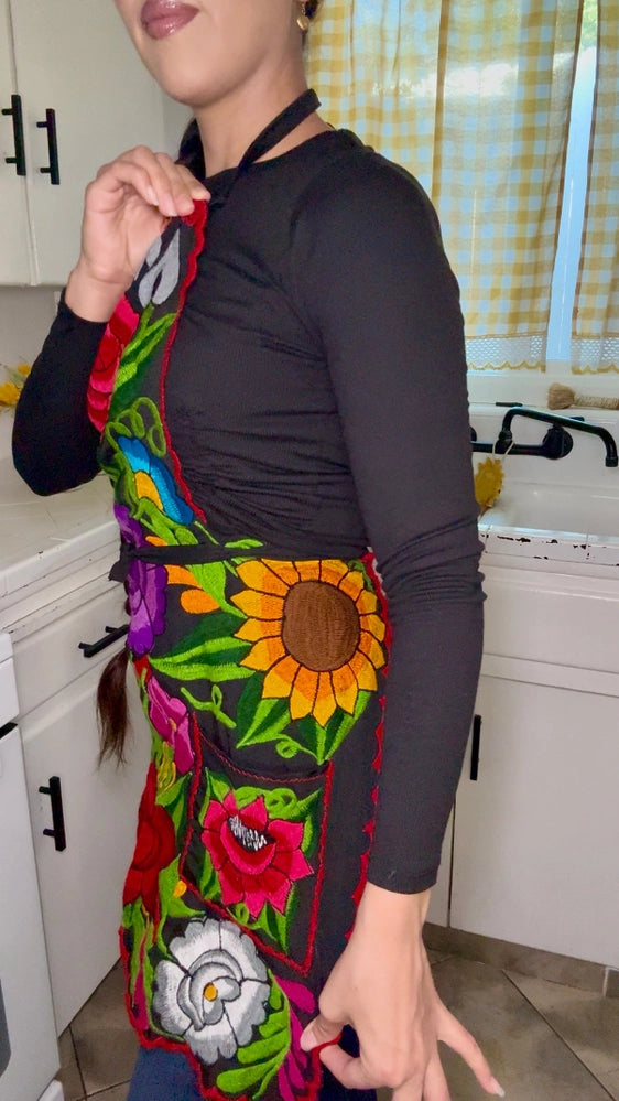 Black Mexican Embroidered Apron - Floral Kitchen Apron