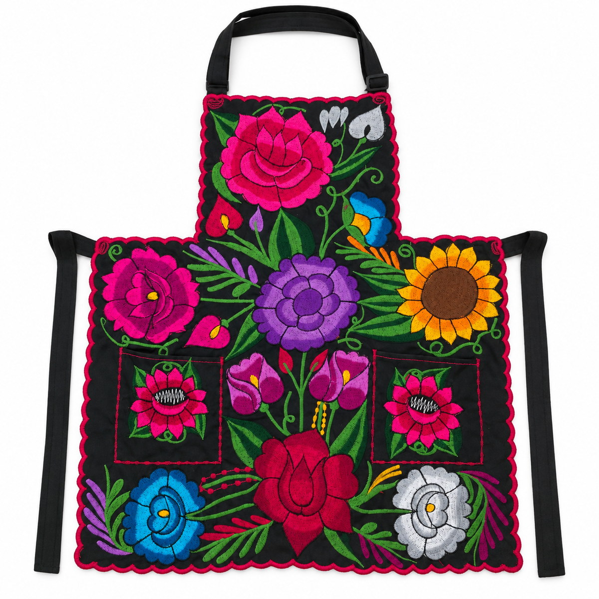 Black Mexican Embroidered Apron - Floral Kitchen Apron