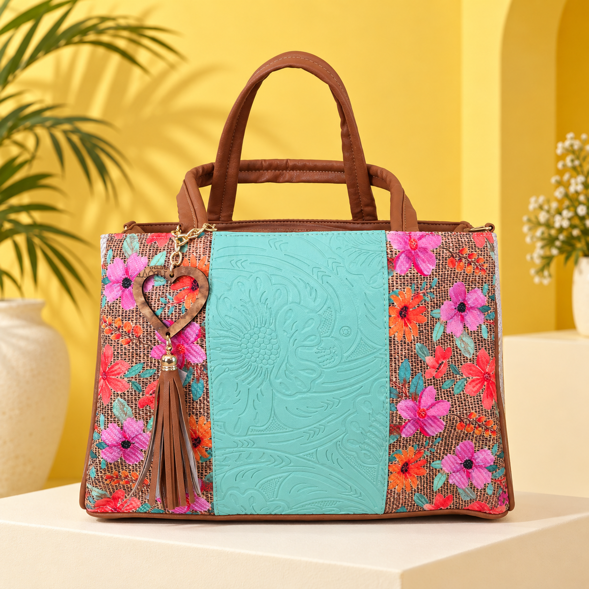 Aqua floral VidaFeliz embossed jute satchel on a bright yellow studio backdrop.