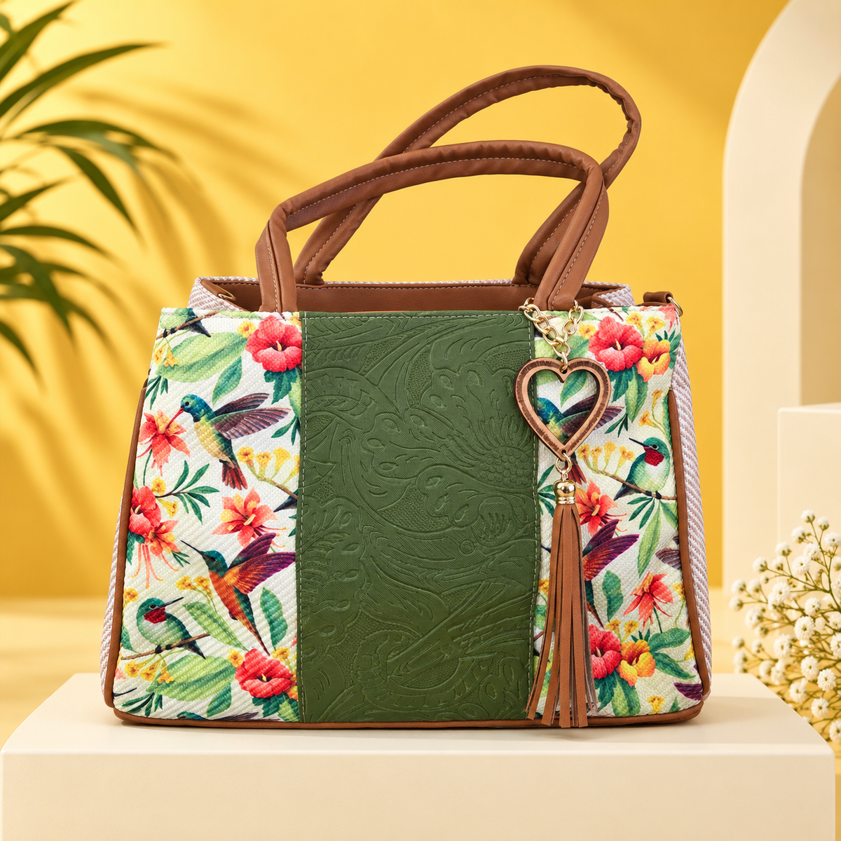 Olive green floral VidaFeliz embossed jute satchel on a bright yellow studio backdrop.