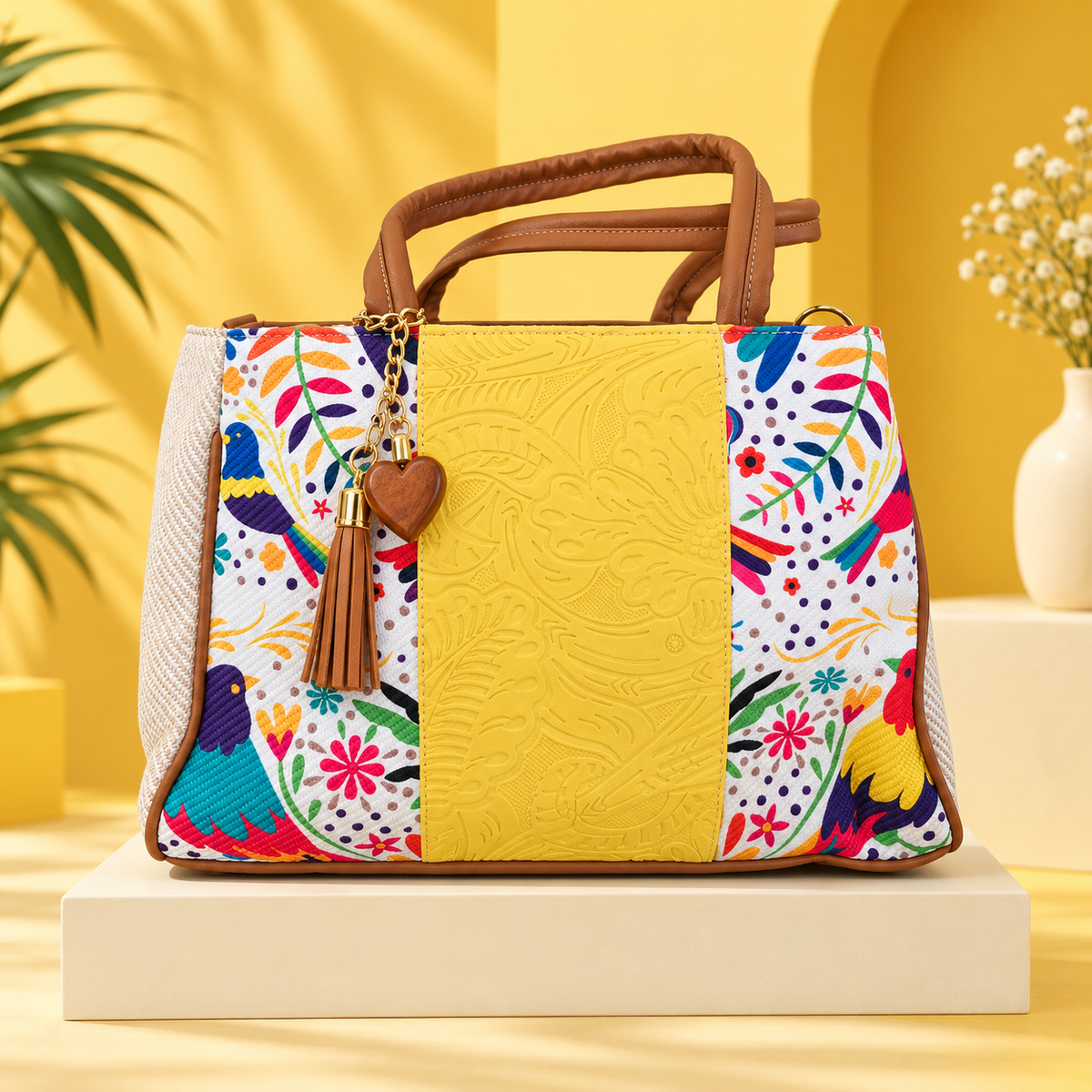 Yellow floral VidaFeliz embossed jute satchel on a bright yellow studio backdrop.